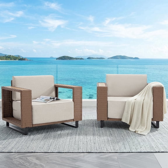 Ebello Patio Conversation Sets - Wicker Chair Set 2 Pcs Outdoor Single Seating with Thick Cushions Brown & Beige - CH-01