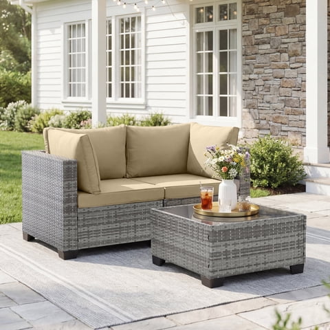 Ebello 3-Piece Modular Conversation Set, Outdoor Patio Sectional Sofa with Glass Coffee Table, Rattan Garden Furniture, GKH(Khaki)