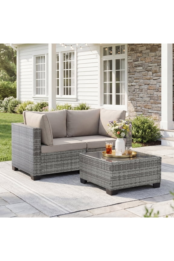 3-Piece Modular Conversation Set, Outdoor Patio Sectional Sofa with Glass Coffee Table, Rattan Garden Furniture, GLG(Light Gray)