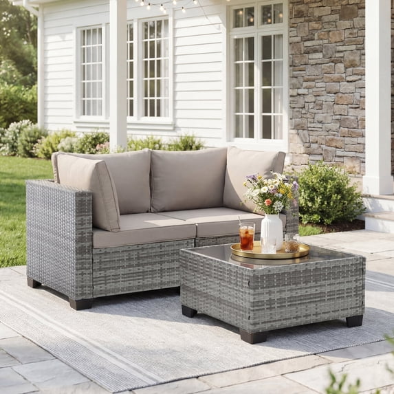 Ebello 3-Piece Modular Conversation Set, Outdoor Patio Sectional Sofa with Glass Coffee Table, Rattan Garden Furniture, GLG(Light Gray)
