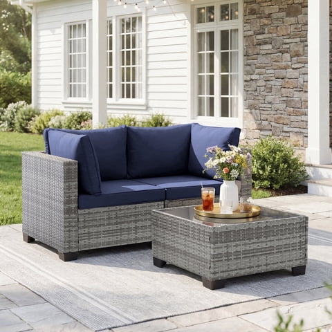 Ebello 3-Piece Modular Conversation Set, Outdoor Patio Sectional Sofa with Glass Coffee Table, Rattan Garden Furniture, GNB(Navy Blue)