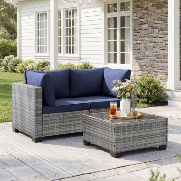 Ebello 3-Piece Modular Conversation Set, Outdoor Patio Sectional Sofa with Glass Coffee Table, Rattan Garden Furniture, GNB(Navy Blue)