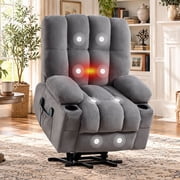 Ebello 34.5''Power Lift Recliner Chair for Elderly with Massage and Heat, Fabric Soft Recliner with Overstuffed Backrest, Dual Cup Holders,350lbs Capacity,Gray