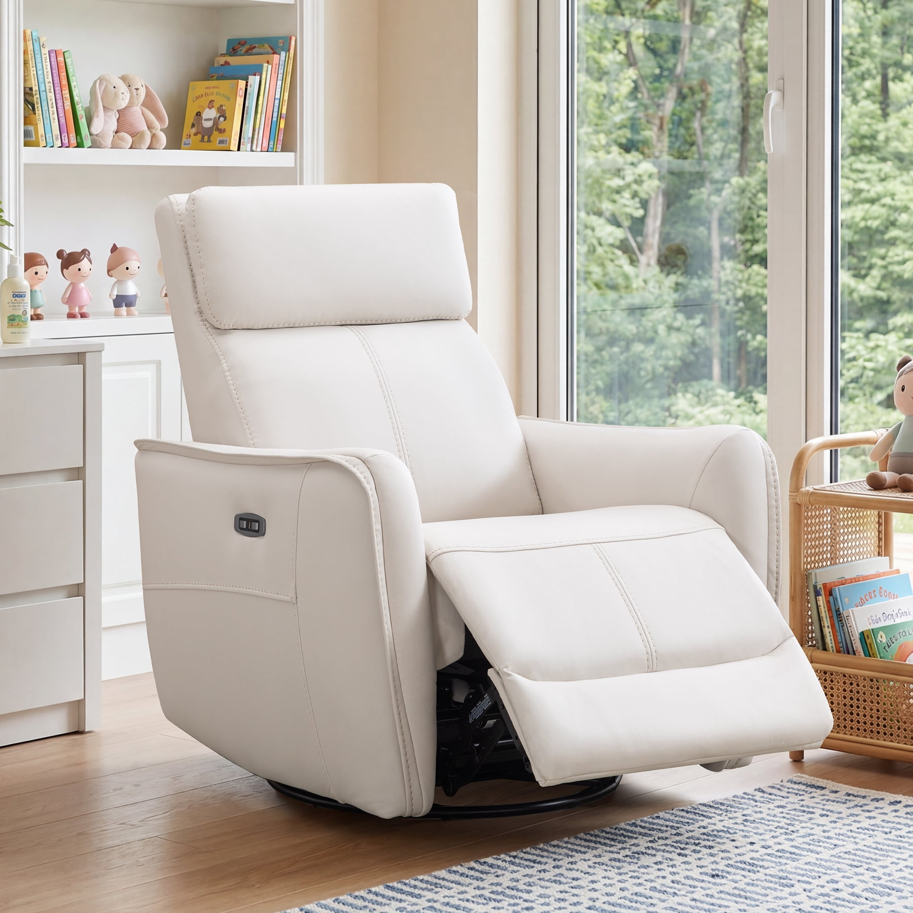 Ebello Power PU Leather Swivel Rocker Recliner, Electric Swivel Glider Chair with USB & Type-C Ports for Nursery, Living Room, Beige