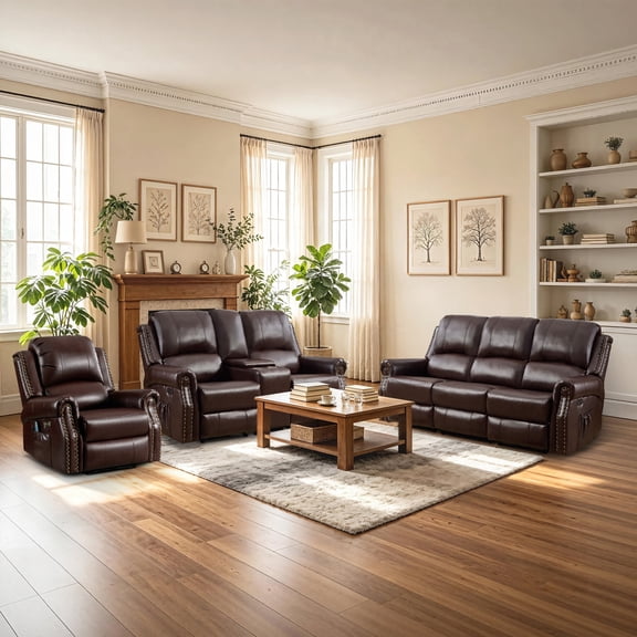 Ebello Power Recliner Sofa Set, PU Leather Recliner Chair, 3-Seat Sofa and Loveseat with Center Console, Storage, Cup Holder, Massage and Heat USB Port, Overstuffed Reclining Sofa with, Dark Brown