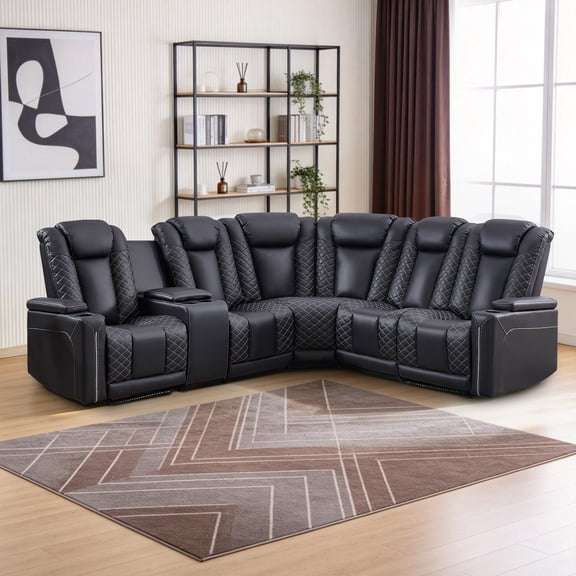 Ebello Power Reclining Sectional Sofa, PU Leather Corner Sectional Couch with Storage Console, LED Lighting, USB Ports & Cup Holders, Black