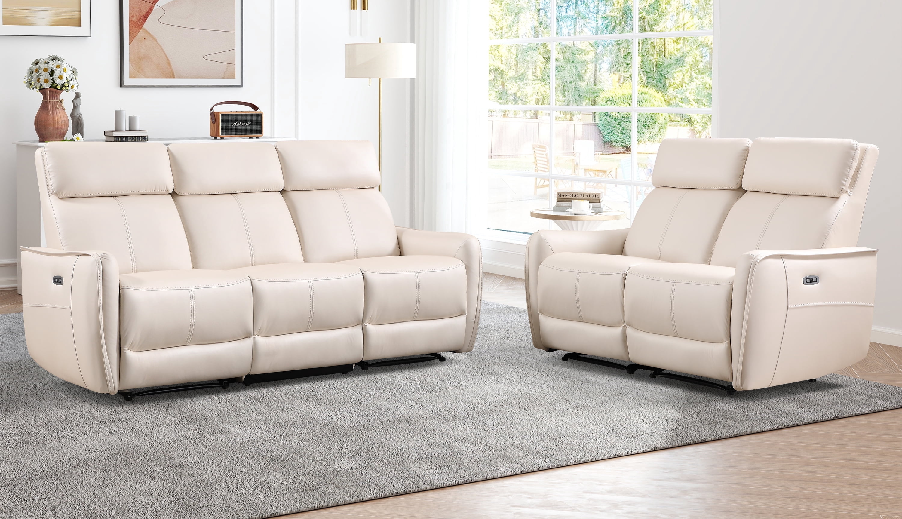 Ebello 5-Seater Power Reclining Sofa Set, PU Leather Electric Loveseat and 3-Seater Couch with USB and Type-C Charging Ports for Living Room, Home Theater, Beige