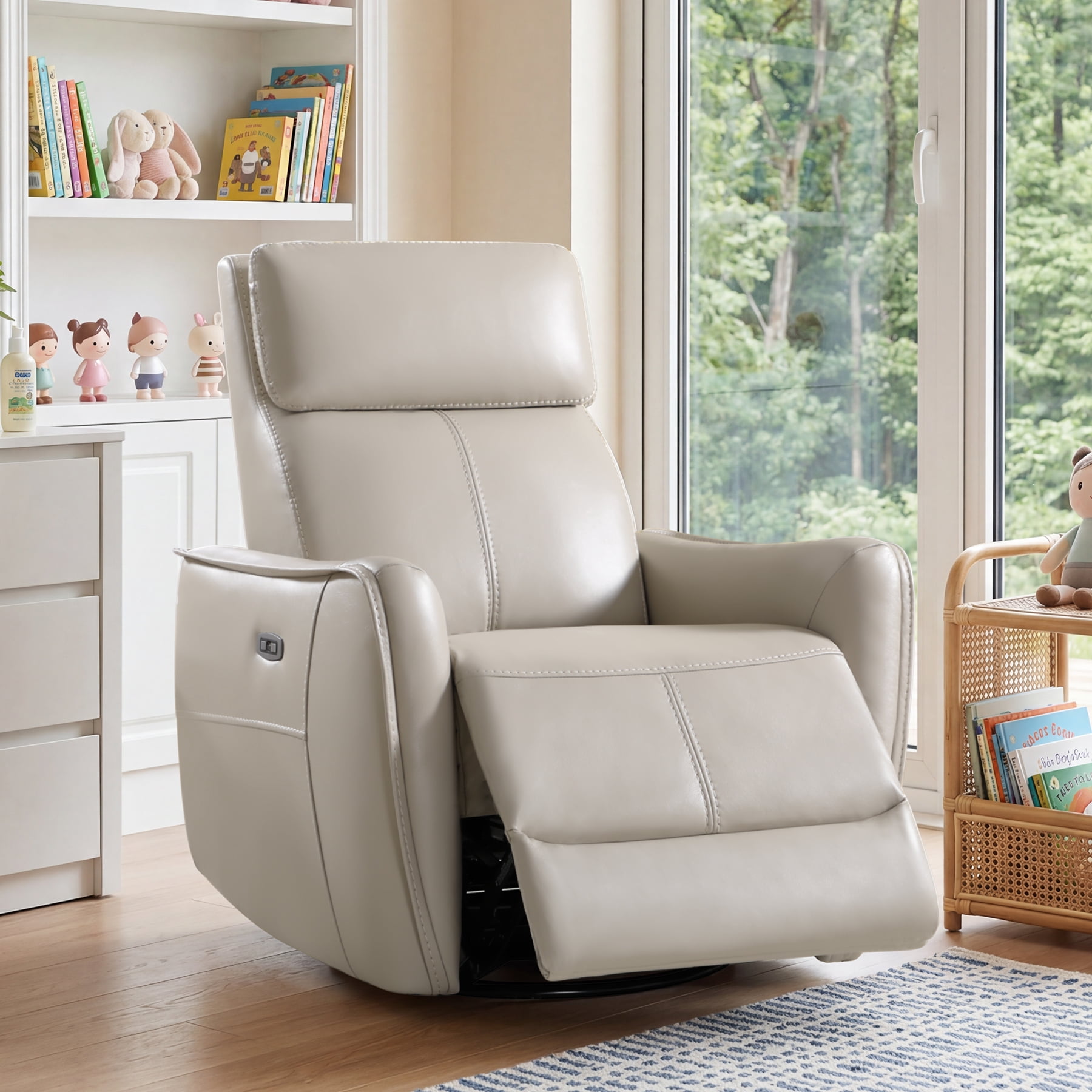 Ebello Power PU Leather Swivel Rocker Recliner, Electric Swivel Glider Chair with USB & Type-C Ports for Nursery, Living Room, Gray