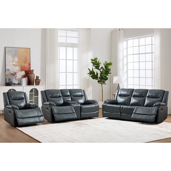 Ebello Premium Genuine Manual Reclining Sofa Set, Single Recliner Chair, Loveseat with Center Console and 3-Seater Couches, Oversized Heavy Duty Reclining Sofa for Living Room, Blue