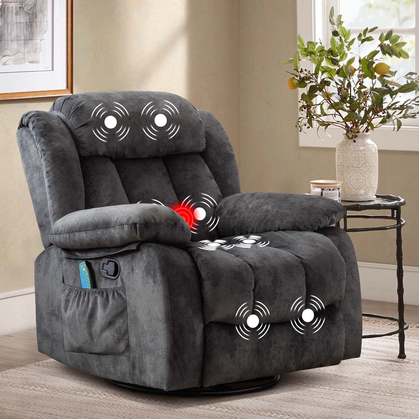 Ebello Pull Rocker Recliner with Massage and Heat, Reclining Chairs for Adult,Antiskid Fabric，Grey