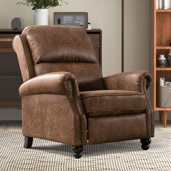 Bonzy Home Pushback Recliner Chair Leather Recliner Chair Push Back Armchair - Studded Accent Sofa for Living Room 350lbs Capacity,Brown