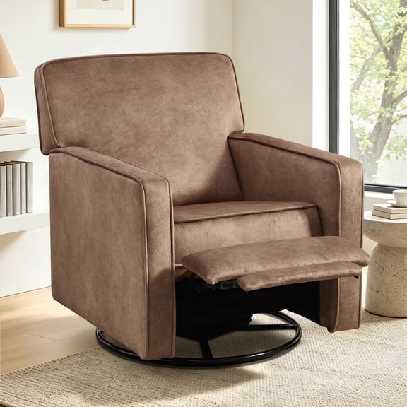 Ebello Swivel Push Back Recliner Chair, Manual Overstuffed Soft Velvet Wingback Reclining Chair for Living Room, Apartment (Brown)