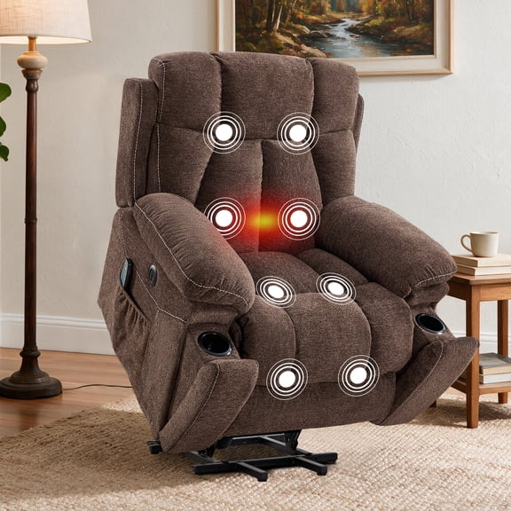 Ebello Wide Extra Large Microfiber Electric Heated Massage Lift Recliner Living Room Chair with 2 Cup Holders & USB, Dark Brown