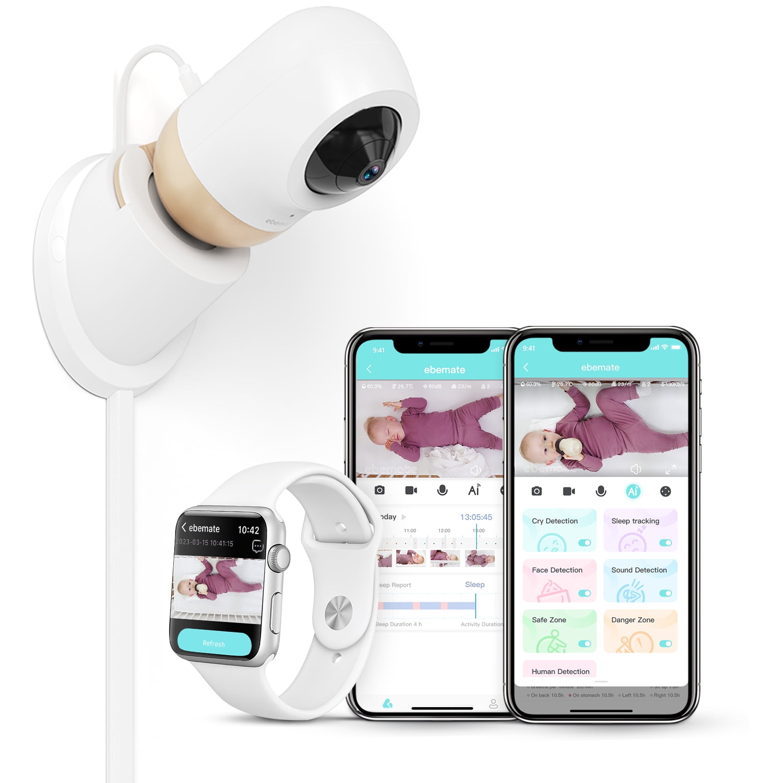 Ebemate 2.5K Smart Baby Monitor Camera,AI Video Baby Monitor Soft Night Light Two-Way Talk Audio Cam Baby Monitoring,App Screen