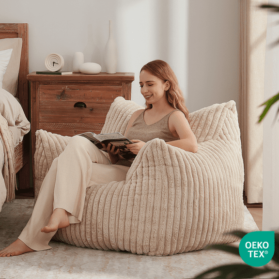 Ebenchico 3.8ft Large Bean Bag Chair for Adults Teens Kids with Armrests, Striped Fuzzy BeanBag Chairs with Filling, Beige