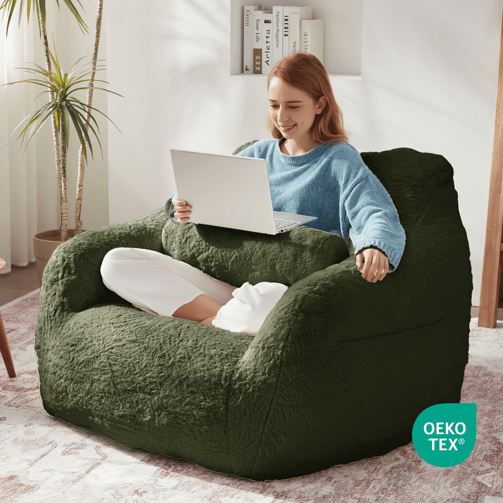 Ebenchico 3.8ft Oversized Bean Bag Chair for Adults Teens Kids, Beanbag Chairs with Pillow, Reading Gaming Relaxing Chair, Green