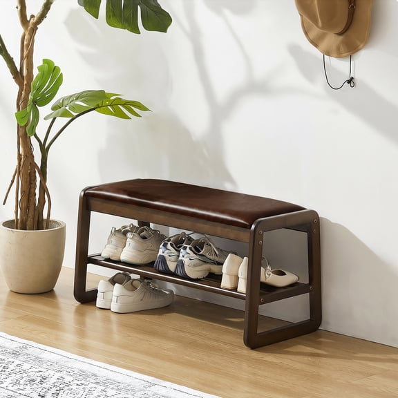 Ebenchico 31.5 inch Solid Wood Shoe Rack Bench for Entryway, 2-Tier Wooden Shoe Bench with Storage, PU Seat Cushion(Brown)