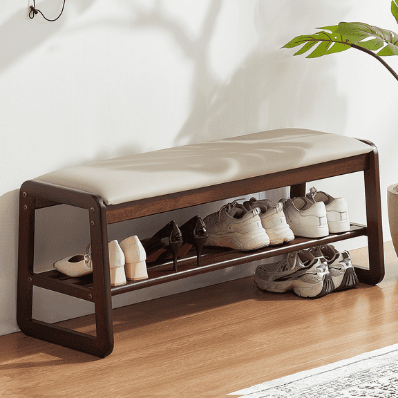 Ebenchico 39.4" Solid Wood Shoe Rack Bench for Entryway, 2-Tier Wooden End of Bed Bench with Storage, PU Seat Cushion(Beige)