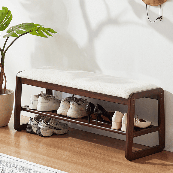 Ebenchico 39.4" Solid Wood Shoe Rack Bench with Storage, 2-Tier Shoe Rack for Entryway, Bedroom Bench with Cushion(Cream White)