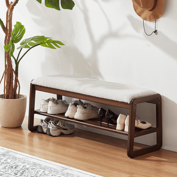 Ebenchico 39.4 inch Solid Wood Shoe Rack Bench for Entryway,2-Tier Wooden Shoe Bench with Storage, Plush Seat Cushion(Gray Lilac)