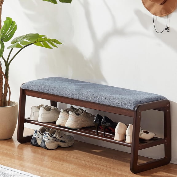 Ebenchico 39.4 inch Solid Wood Shoe Rack Bench for Entryway, 2-Tier Wooden Shoe Bench with Storage, Plush Seat Cushion(Grayish Blue)