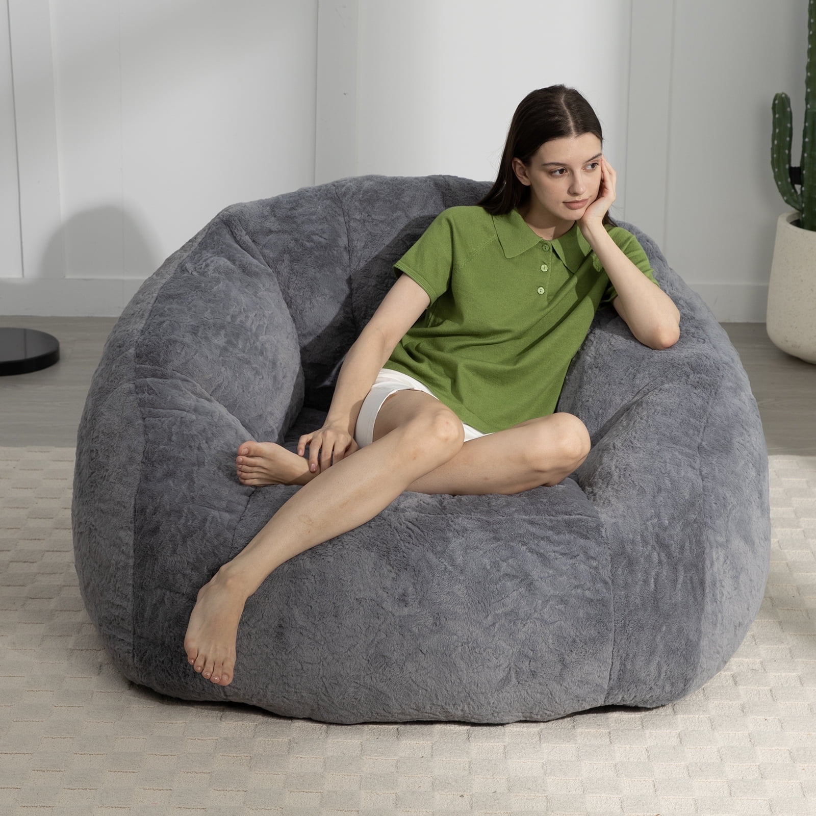 Ebenchico 3.9ft Bean Bag Chair for Adults Teens Kids, Shell Shape Faux Fur Beanbag Chairs, Memory Foam Filled Floor Chair for Reading, Gaming, Relaxing(Dark Gray)