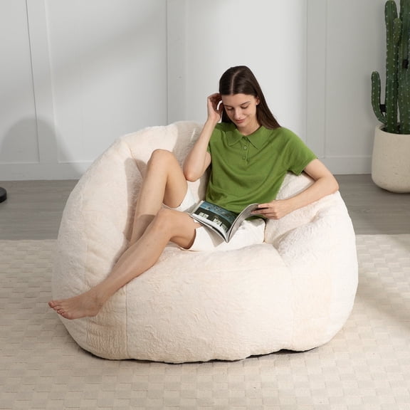 Ebenchico 3.9ft Bean Bag Chair for Adults Teens Kids, Shell Shape Faux Fur Beanbag Chairs, Memory Foam Filled Floor Chair for Reading, Gaming, Relaxing(White)