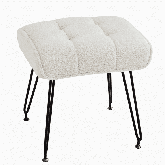 Ebenchico Backless Vanity Stool Faux Plush Upholstered Small Bench 4 Metal Legs with Adjustable Anti-Slip Feet for Makeup Bedroom Entryway, Cream White