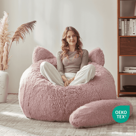 Ebenchico 3.6ft Cat Shaped Bean Bag Chair for Adults Teens Kids, Giant Faux Fur Plush Beanbag Chairs with Filler, Pink