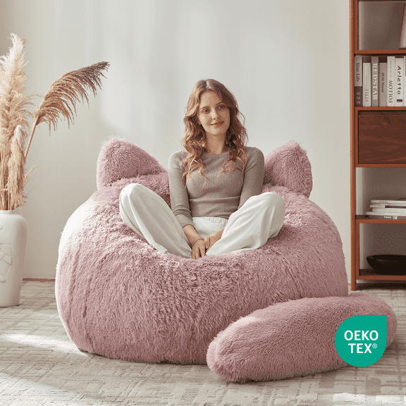 Ebenchico 3.6ft Cat Shaped Bean Bag Chair for Adults Teens Kids, Giant Faux Fur Plush Beanbag Chairs with Filler, Pink