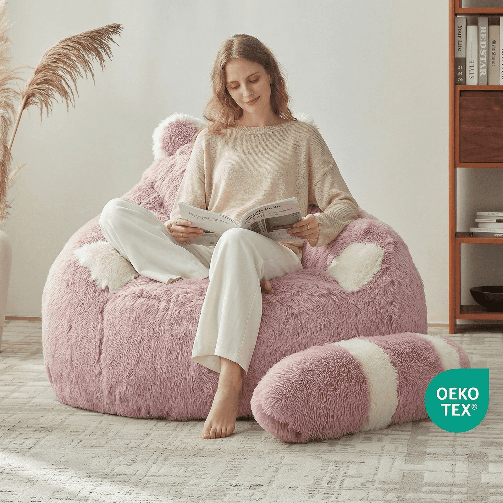 Ebenchico 3.7ft Raccoon Shaped Bean Bag Chair for Adults Teens Kids, Large Beanbag Chairs for Reading Gaming Relaxing(Pink)