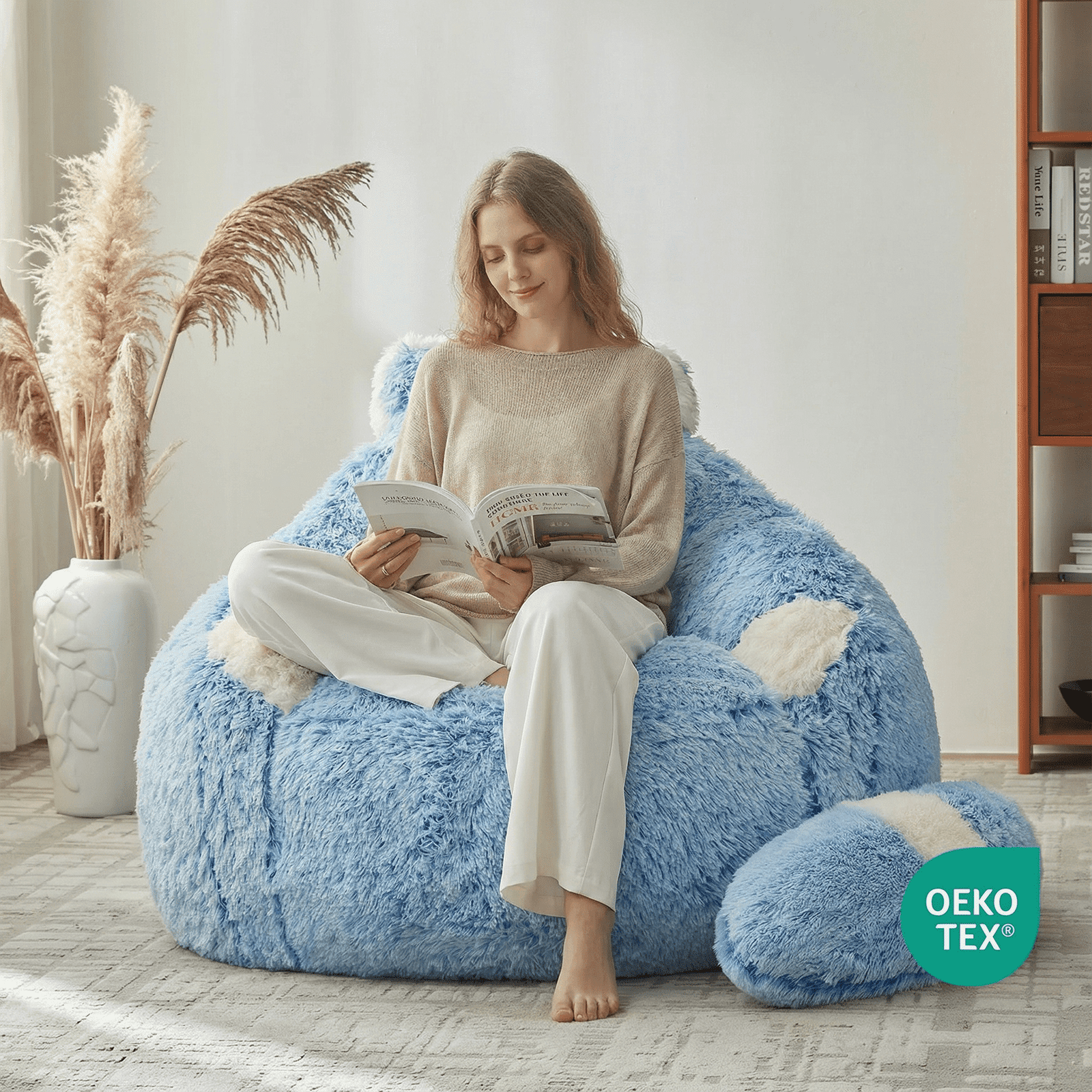 Ebenchico 3.7ft Raccoon Shaped Bean Bag Chair for Adults Teens Kids, Large Beanbag Chairs for Reading Gaming Relaxing, Blue