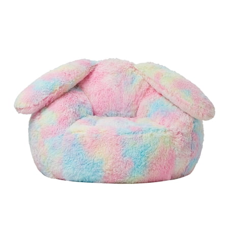 Ebenchico Rabbit Shaped Bean Bag Chair for Adults Teens Kids, Faux Fur Beanbag Chairs Comfy Furry Floor Chair with Filler, Rainbow-color