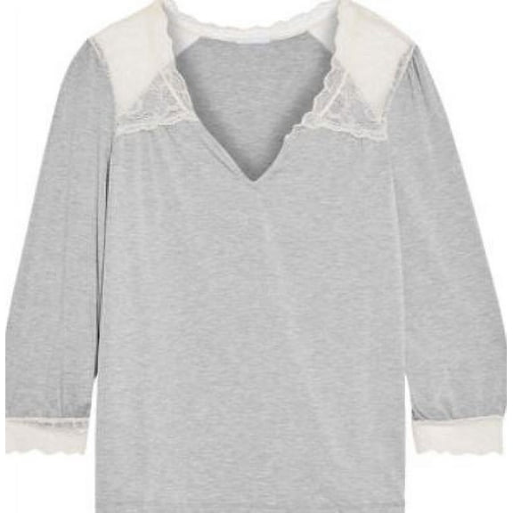 Eberjey Women's Grey Full Sleeve Lady Godiva Lace Trim Top, Small