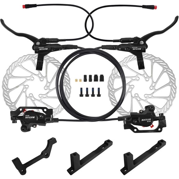 Ebike Hydraulic Disc Brake Set with 180mm Rotors 2 Pistons Electric Power-Off Left Front 1100mm Right Rear 1800mm Aluminum Alloy Lever for Scooter/MTB Mountain Bike(Included Adapters)