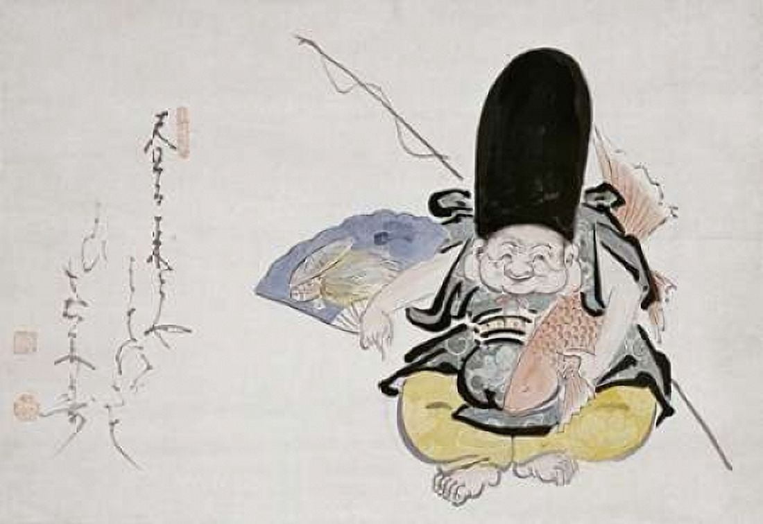 Ebisu Dancing With a Poem Hanging Scroll Canvas Art - Hakuin Ekaku (20 x 28)