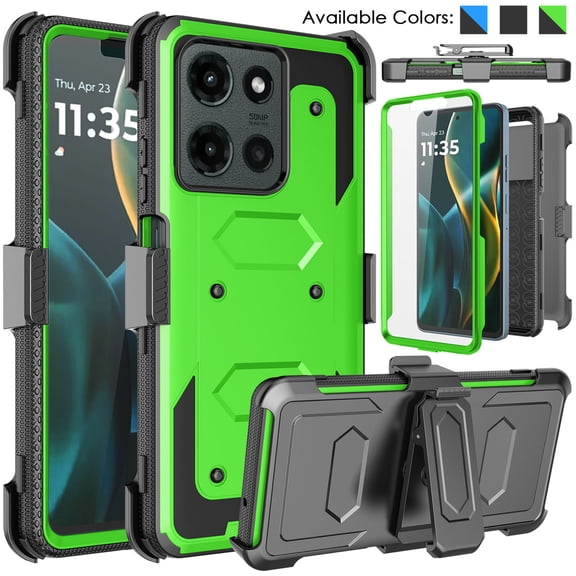 Ebizware Motorola Moto G 5G 2025 Case with [Built-in Screen Protector] and Holster Belt Clip, Military Grade Heavy Duty Protective Defender Kickstand Phone Case Cover for Moto G 5G 2025 - Green