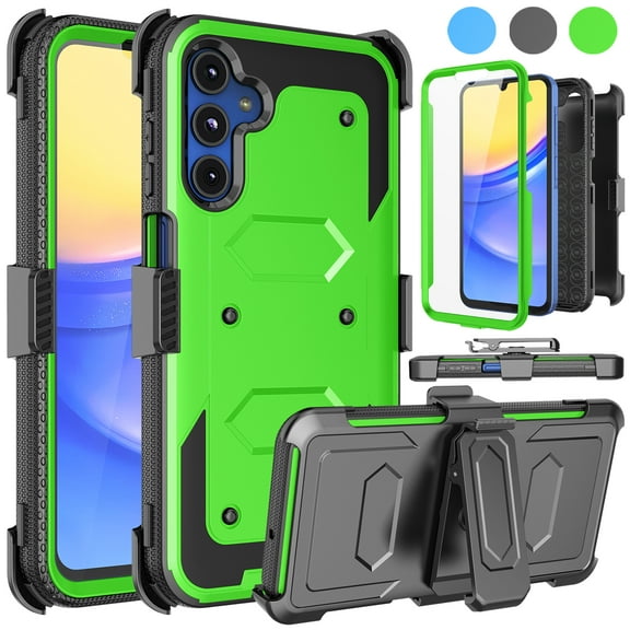 Ebizware Samsung Galaxy A15 5G Phone Case with [Built-in Screen Protector] and Swivel Holster Belt Clip, Military Grade Heavy Duty Protective Defender Kickstand Cover for Galaxy A15 5G - Green