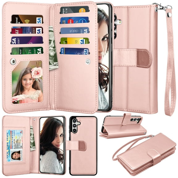 Ebizware for Samsung Galaxy S23 FE 5G Phone Case, Galaxy S23 FE 5G PU Leather Wallet Case with Credit Card Cash Holder Folio Flip [Detachable] Kickstand Magnetic Cover & Lanyard - Rose Gold