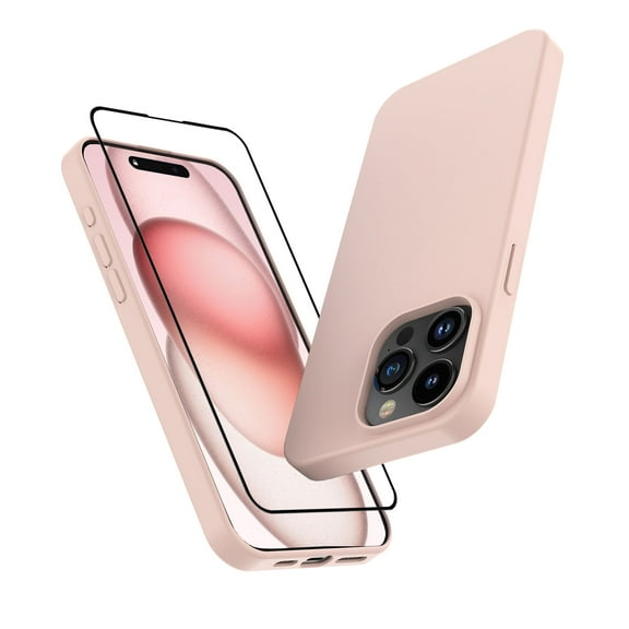 Ebizware for iPhone 15 Phone Case with Screen Protector, Liquid Silicone Case Cover for Apple iphone 15, Full-Body Protective Case Shockproof Slim Cover with Microfiber Lining (Pink Sand)