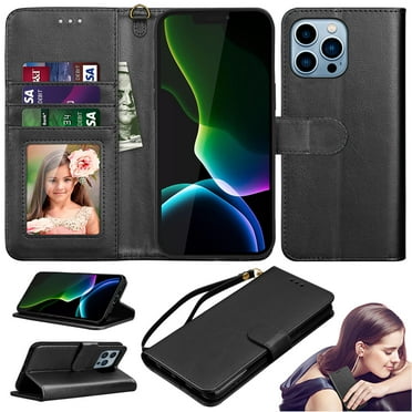 Ebizware for iphone 14 Plus Phone Case, Leather Wallet Case with Credit Card Cash Holder & Lanyard Magnetic Folio Flip Kickstand Cover for iphone 14 Plus [Black]