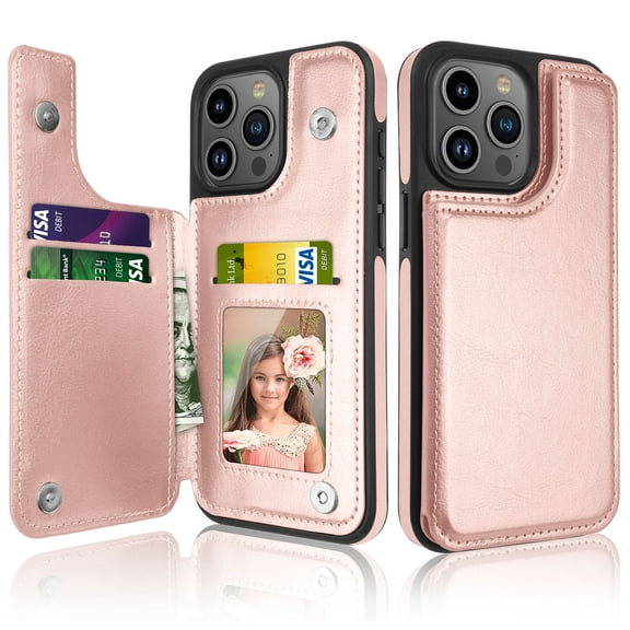 Ebizware for iphone 15 Pro Max Phone Case, Leather Wallet Case with Credit Card Cash Holder for Women Men Magnetic Folio Flip Kickstand Cover for iphone 15 Pro Max [Rosr Gold]