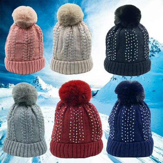 Ebo Fashion solid and multi-color Rhinestone winter beanie with faux fur pom with lining warm feeling for cold weather Style B ( Beige )
