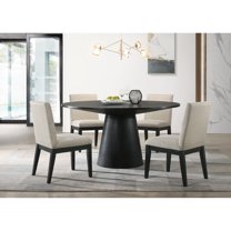 Ebony Black 5 Piece Dining - 59" Round Table, Beige Fabric Chair Pads, Solid Wood   Contemporary Table With Finish 4 Chairs,
