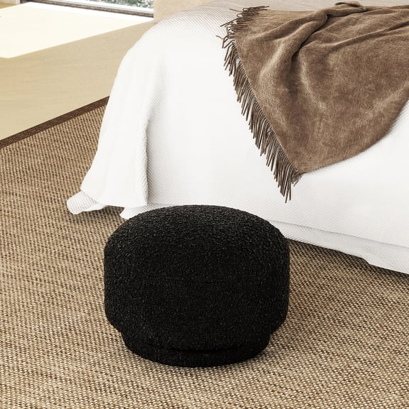 Ebony Black Boucle 15" Mushroom Footstool - Faux Upholstery, High Density Foam & Inner Wood Frame For 200 Lbs In Textured Mark, With Framework