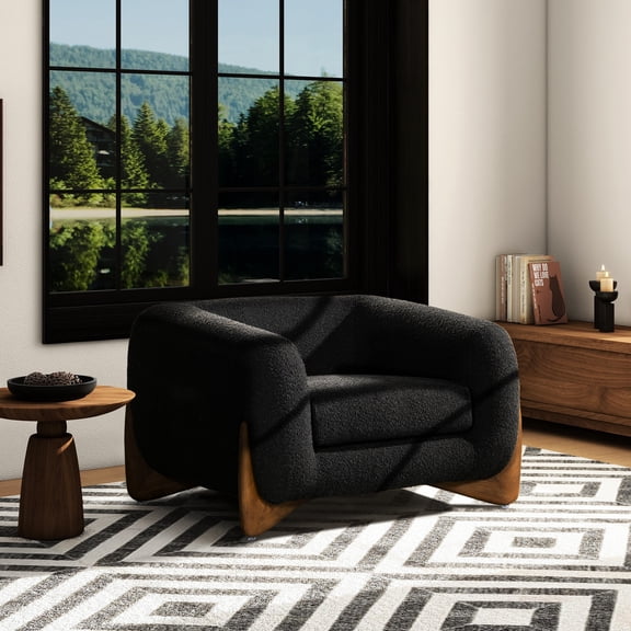 Ebony Black Boucle Arm Chair, 44" - Dimensional Texture Appeal 67.8 Lb Weight Removable Seat Cushion Natural Oak Legged Relaxing Chair In Comfortable Seating Experience 45" Package Depth Legs