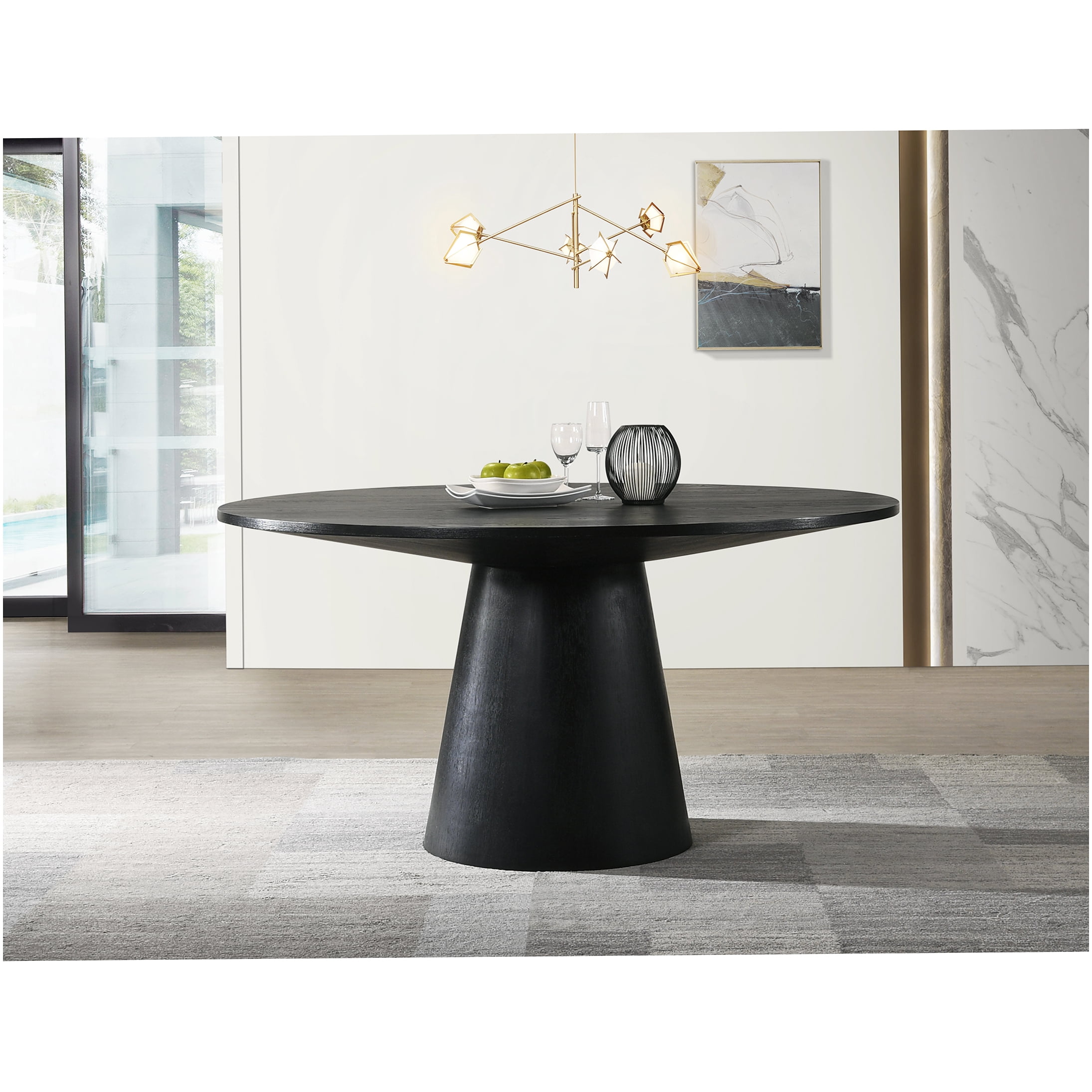 Ebony Black Round Dining Table for 6, 59 Inch Modern Pedestal Base ...