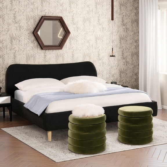 Ebony Black Upholstered Curved Headboard King Platform Bed With In Black, Soft Upholstery