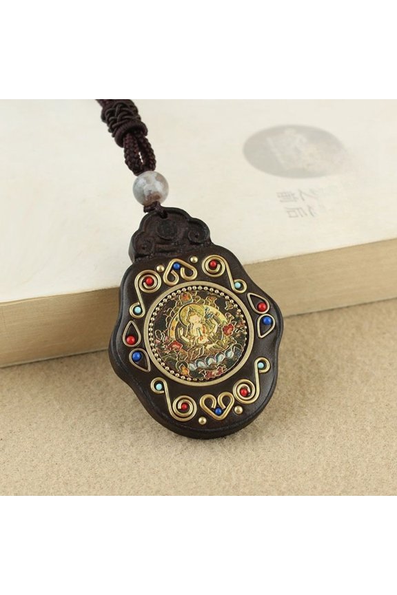 Ebony Buddha Thangka Pendant Necklace Bodhisattva Patron God Amulet Tibetan Style Religious Jewelry for Men Women