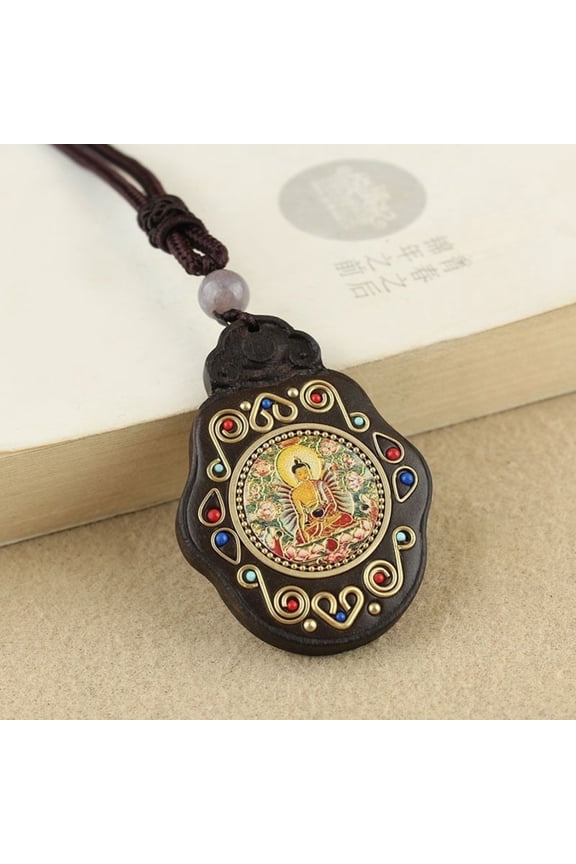 Ebony Buddha Thangka Pendant Necklace Tibetan Spiritual Amulet Jewelry Wood Carved Talisman for Men Women Religious Gift